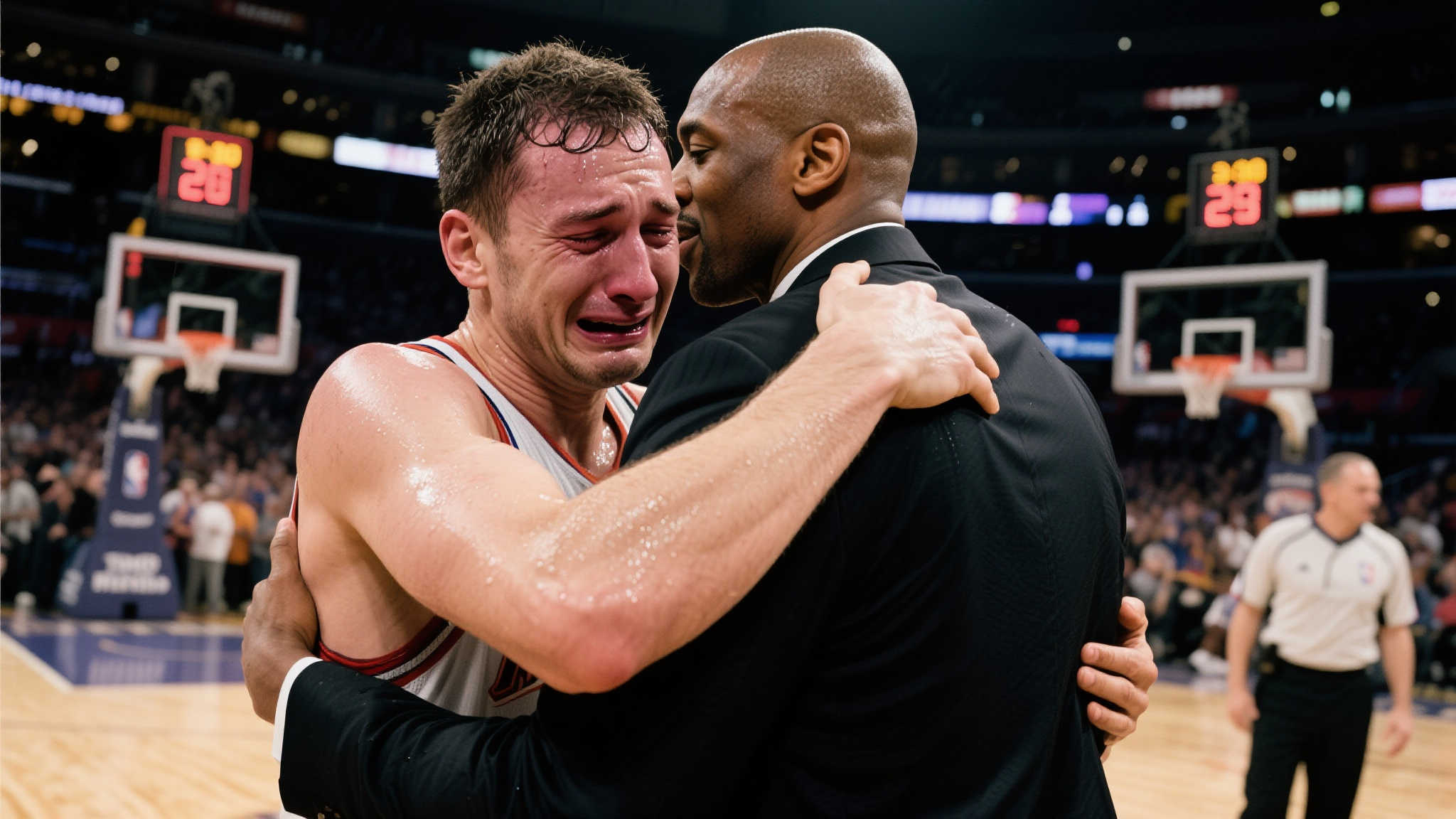 全力以赴!麦康奈尔赛后含泪与雷吉-米勒深情相拥 在体育竞技的世界里,汗水与泪水交织成辉煌故事的主旋